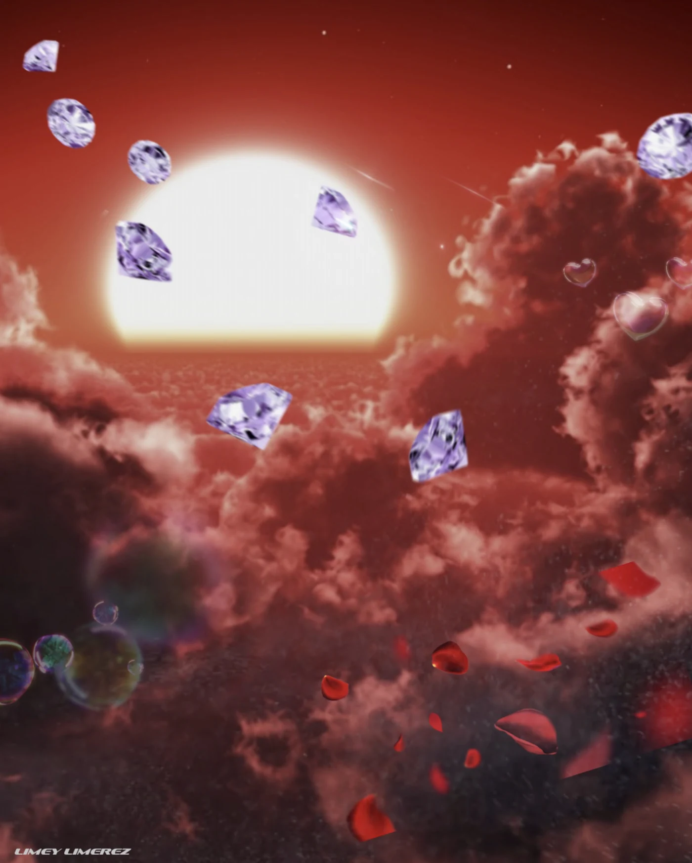 Painting of a red sun setting behind clouds with floating crystals