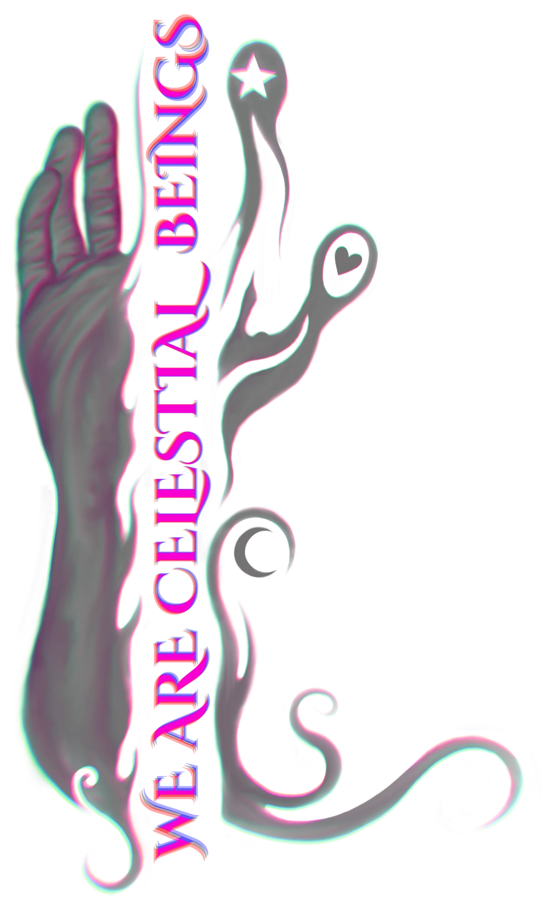 Chris's artwork: a hand rising beside the words We Are Celestial Beings, with smoke carrying a star, a heart and a crescent moon