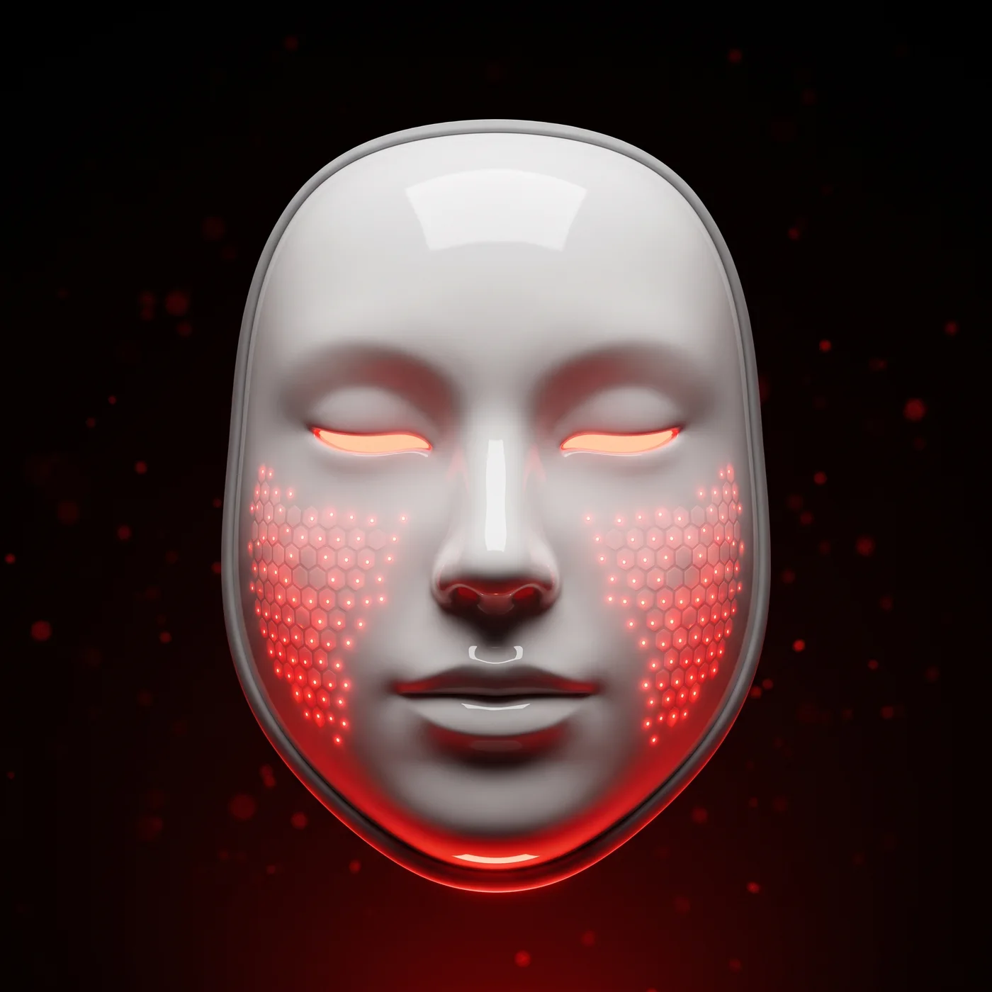 La maschera AXOGLOW vista frontale: guscio bianco perlato e LED rossi a nido d'ape sulle guance