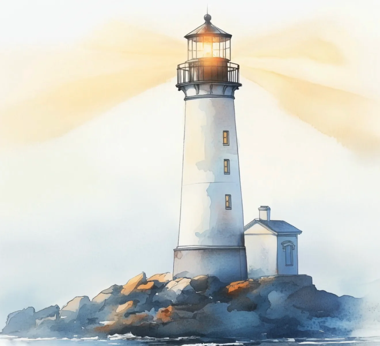 Watercolour illustration of a lighthouse on rocks, its lamp lit