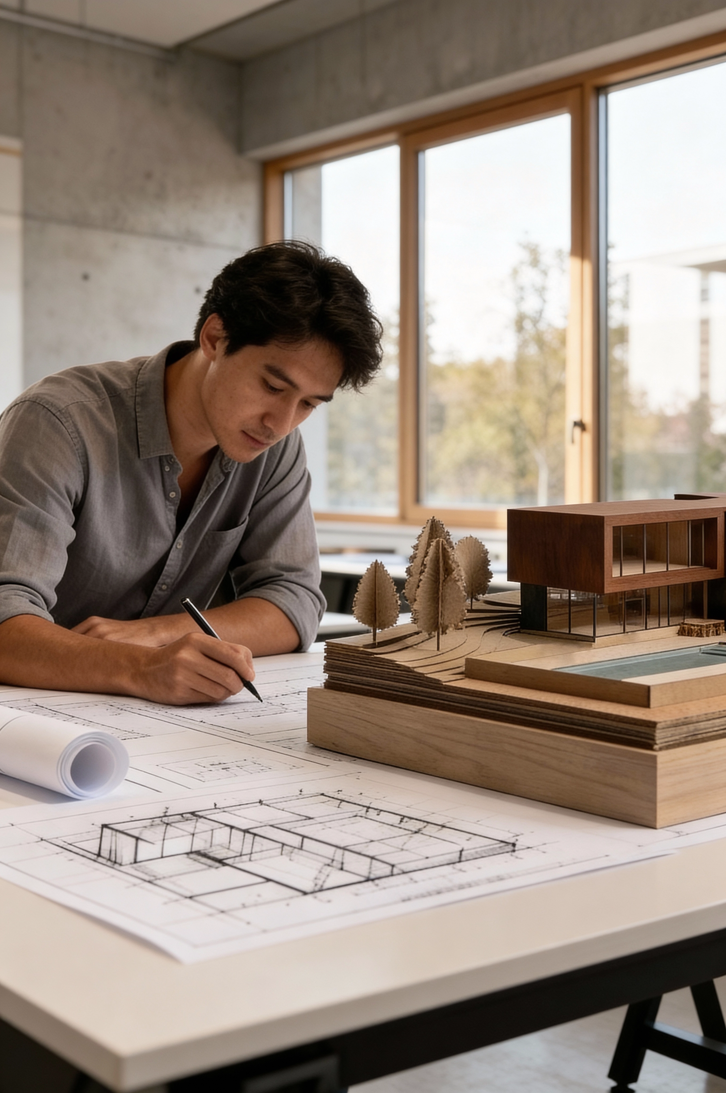 Architect sketching floor plans beside a detailed residential massing model in a studio with natural light.