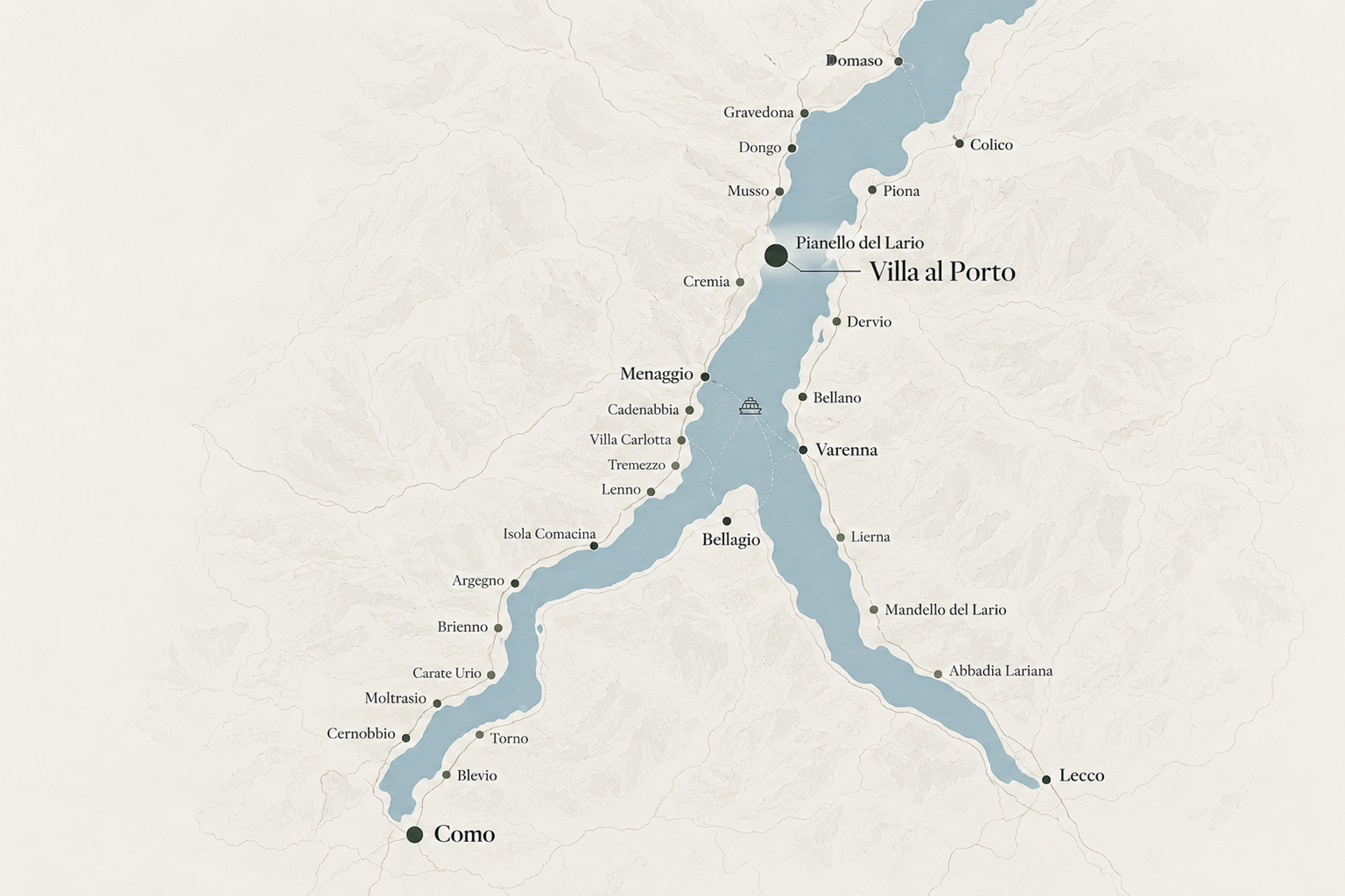 Custom map of Lake Como highlighting Villa al Porto in Pianello del Lario