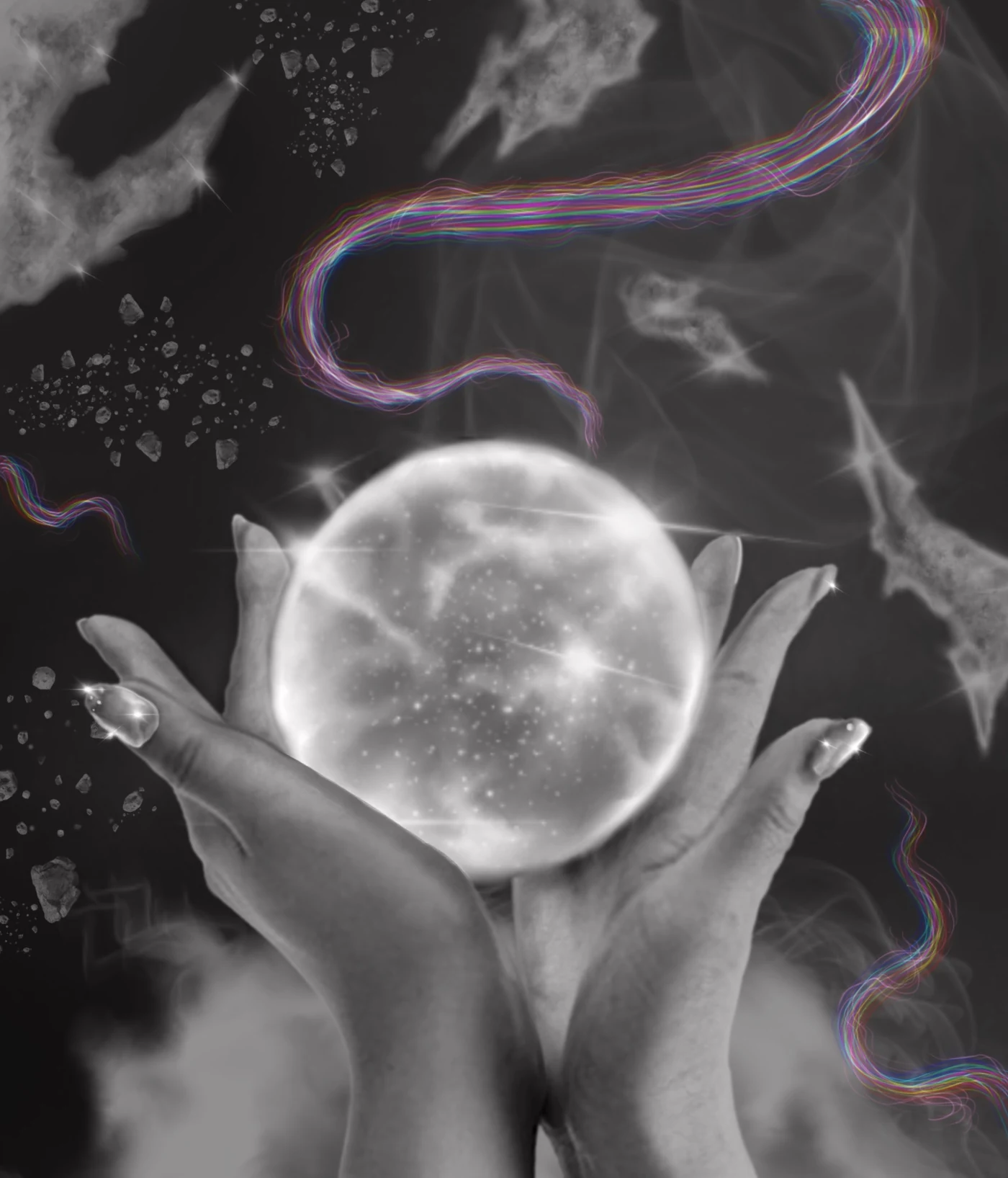 Painting of hands holding a glowing moon among drifting stones