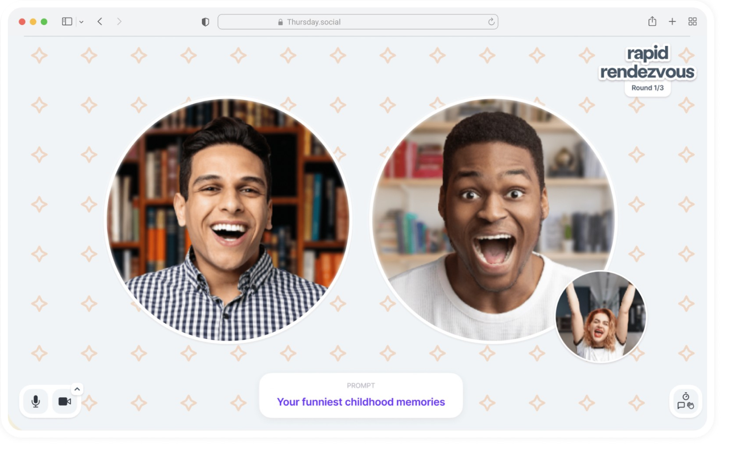 Rapid rendezvous, round 1 of 3: two people laughing in a quick video chat, with the prompt ‘Your funniest childhood memories’