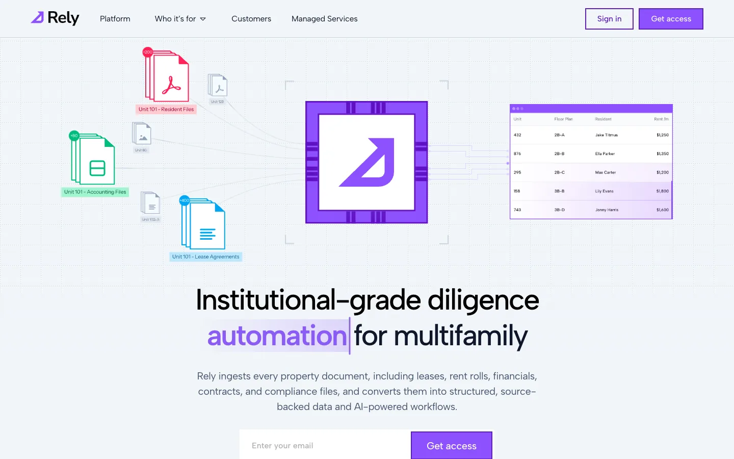 Rely’s restructured homepage: Institutional-grade diligence automation for multifamily, with Platform and Who it’s for in the nav