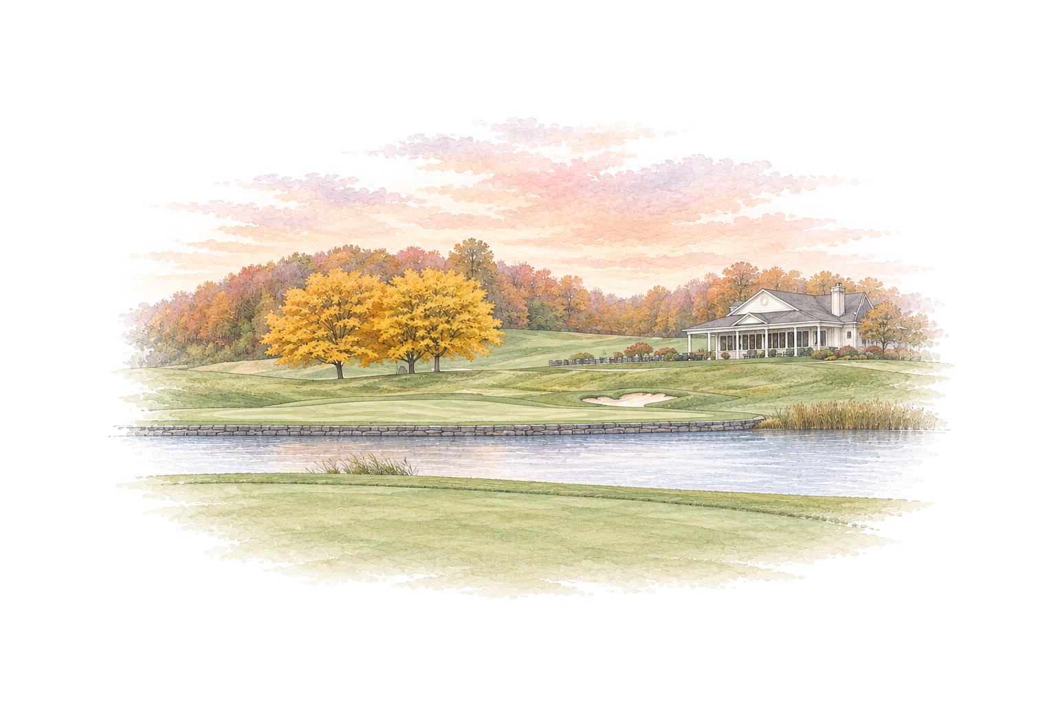 A delicate watercolor golf course, with a white veranda clubhouse, two golden autumn trees, and a green across a pond beneath a pastel sky.