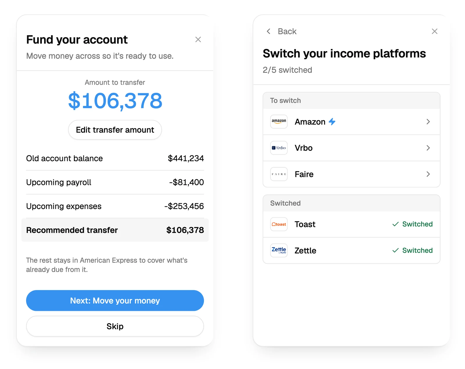 InstaSwitch funding screen with one recommended transfer amount, beside the switching list with two platforms already switched