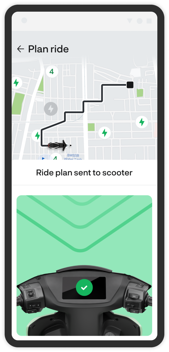 Ride plan sent to scooter: a route on a map above a picture of the scooter’s dashboard with a green check