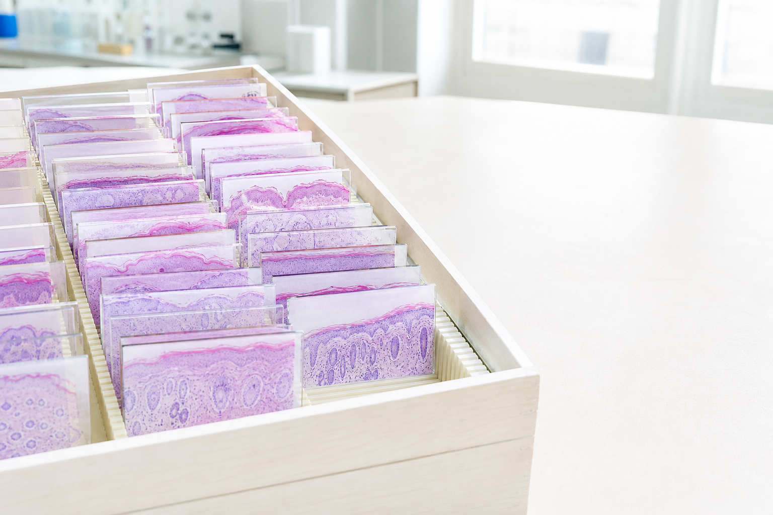 A tray of stained human skin slides from the Stratum BioBank.