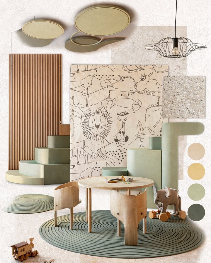Moodboard de brinquedoteca com materiais, cores e mobiliário