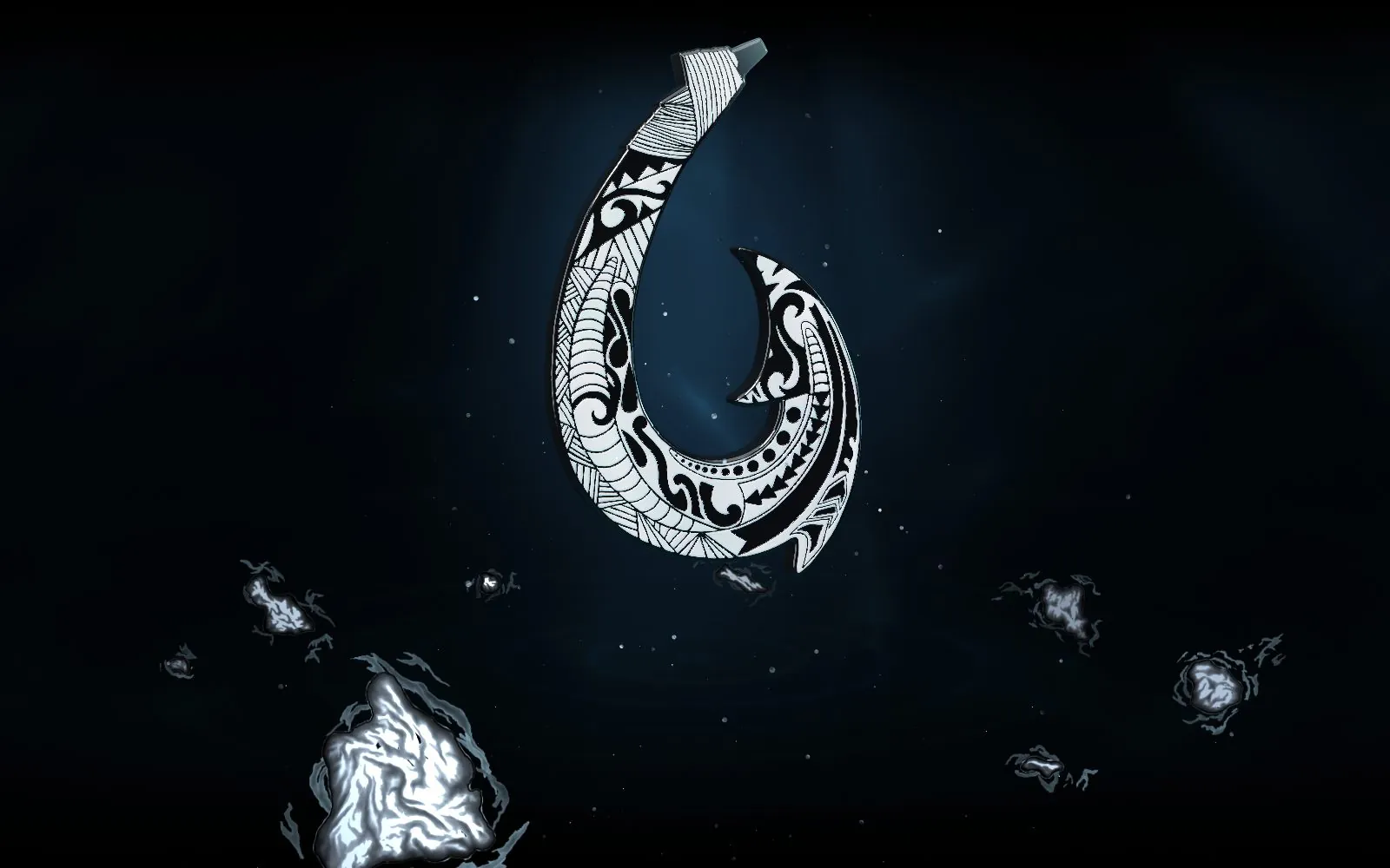 Chris Limeres's Nalu hook, carved in pearl and onyx, above the Hawaiian islands
