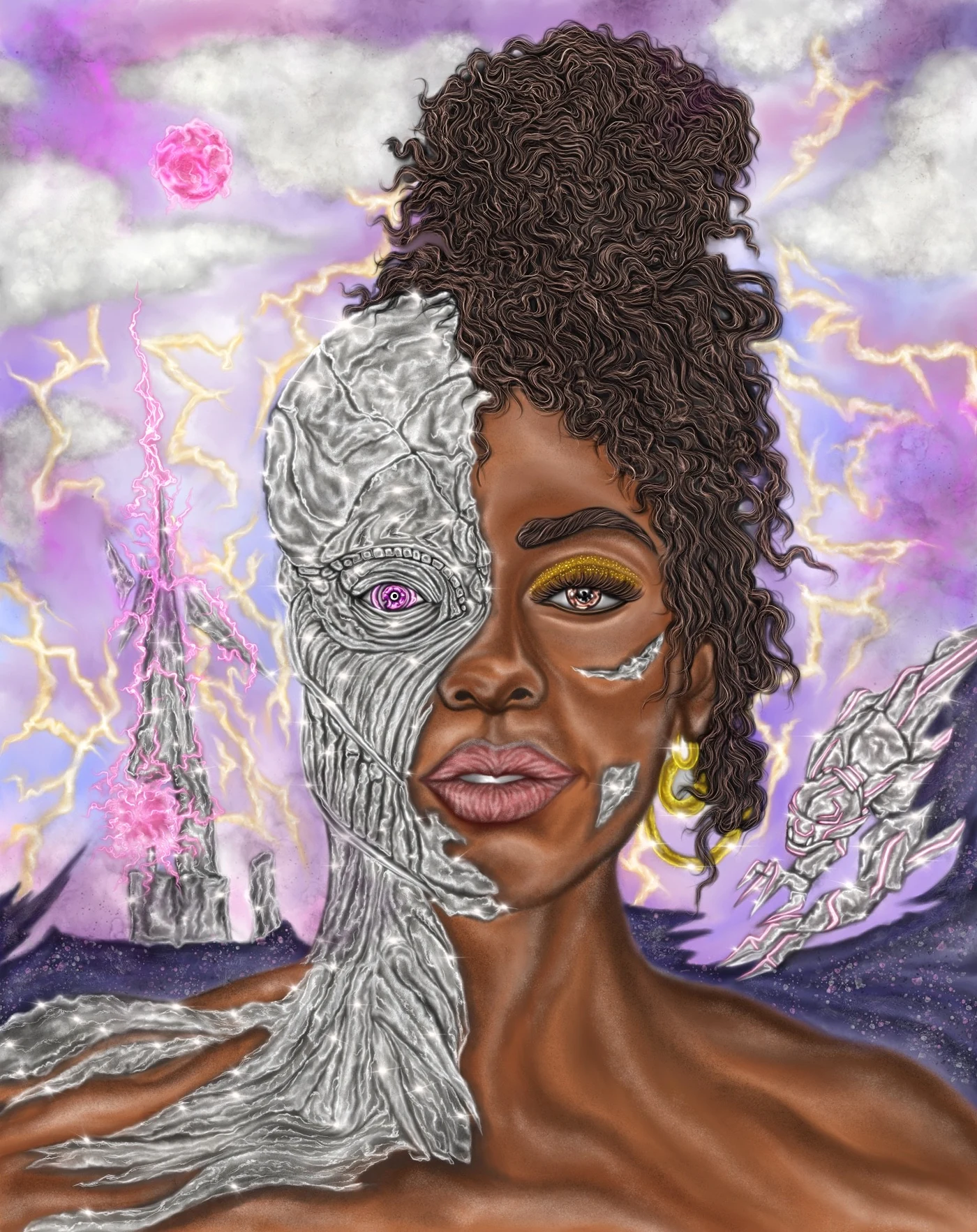 Portrait of a woman whose face is split between skin and silver ornamental patterns under a stormy purple sky