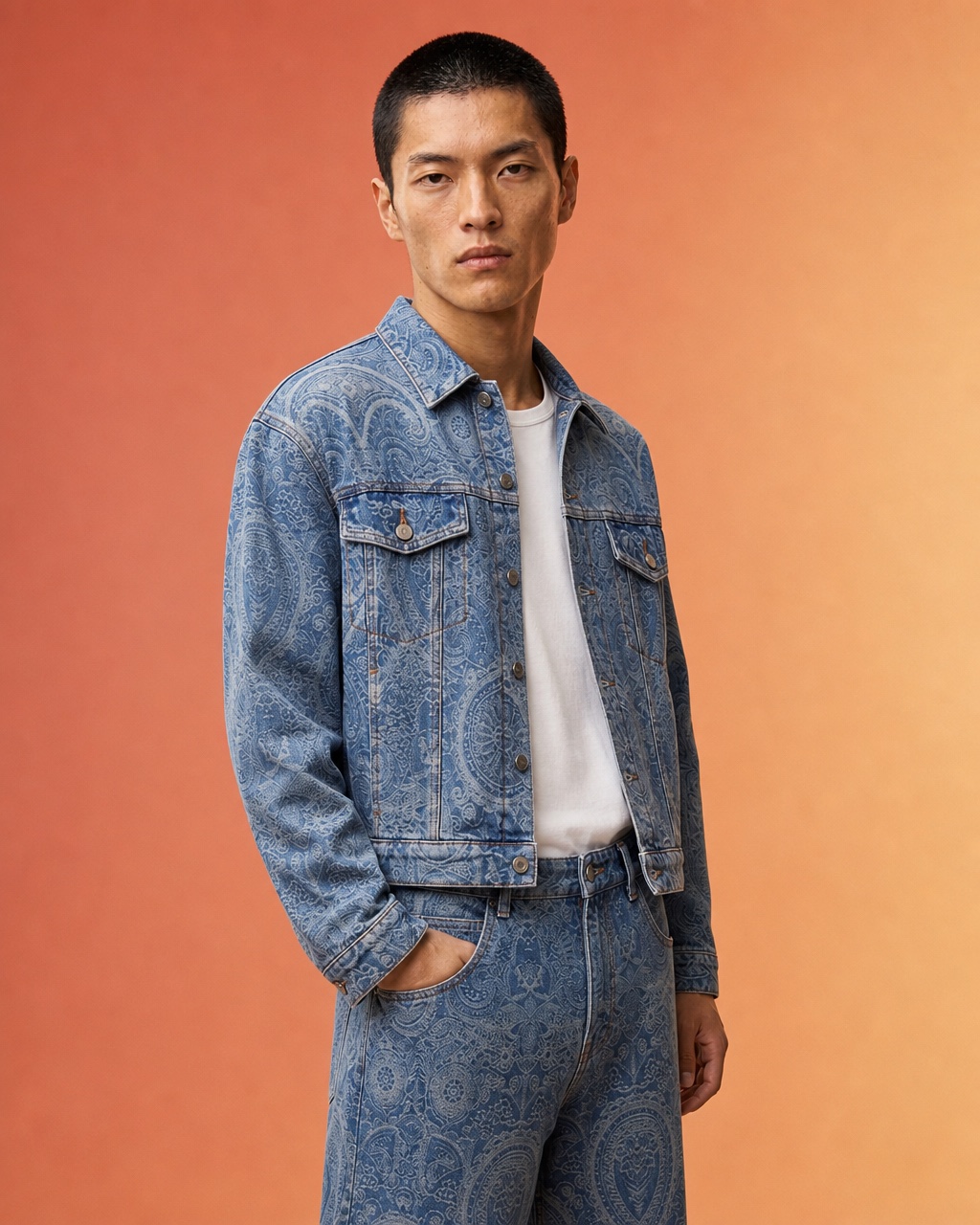 Chest-up studio portrait of the model, one hand in the pocket, in a blue paisley denim jacket in a warm studio.