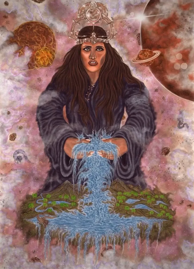 Chris Limeres's animation: a crowned woman in a dark robe pours water from her hands over a floating land, in pink cosmic clouds with planets