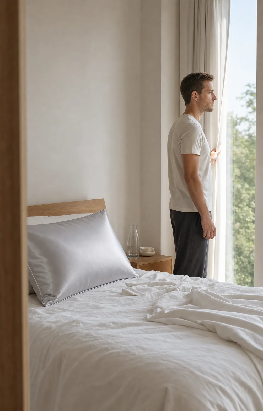 Daniel opening the curtains beside the Silver Cloud pillowcase
