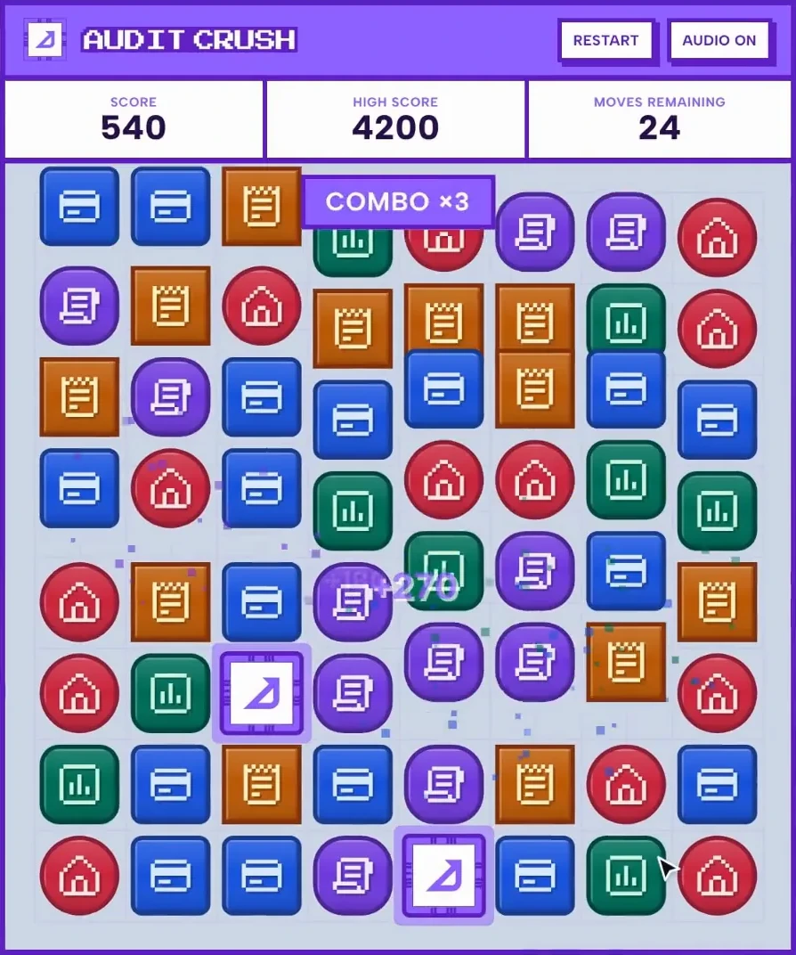 Audit Crush game board mid-combo, with document tiles and a RELY tile
