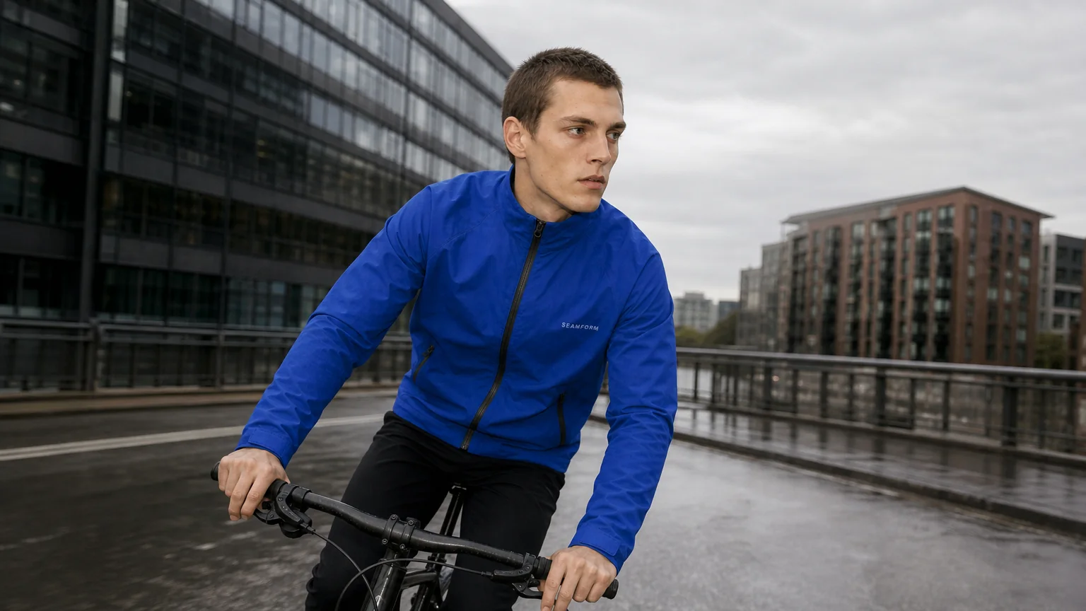 A cyclist moving through a wet city street in the SEAMFORM SF-01.