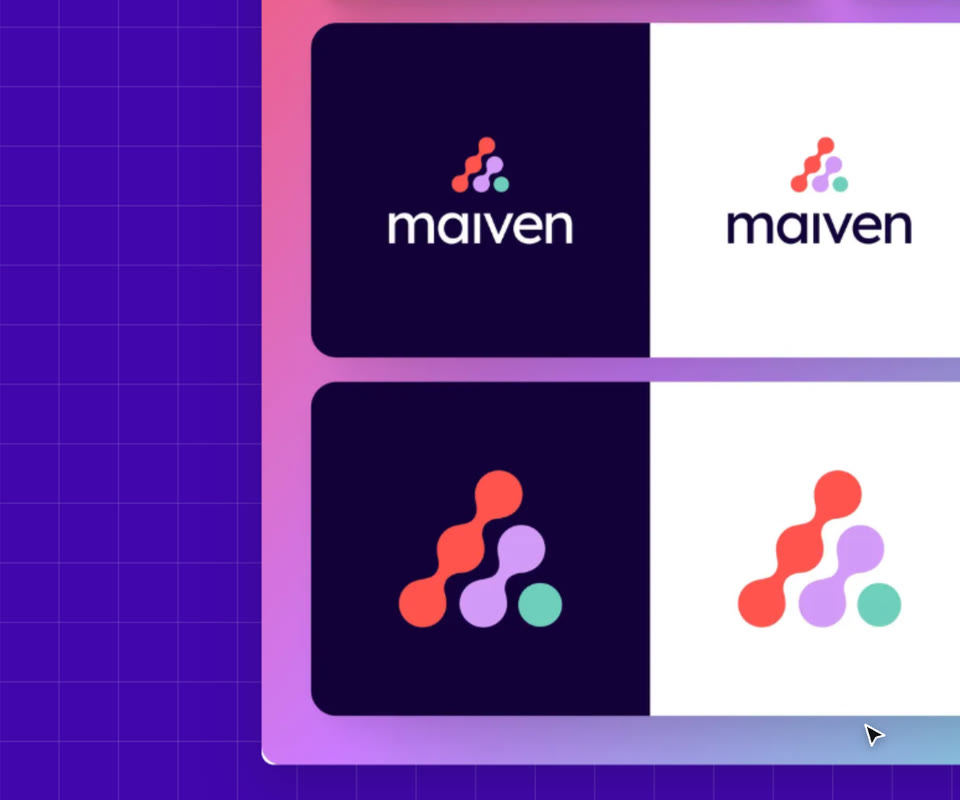 The Maiven mark in navy, white and black, the logo system, then the launch video policy chips