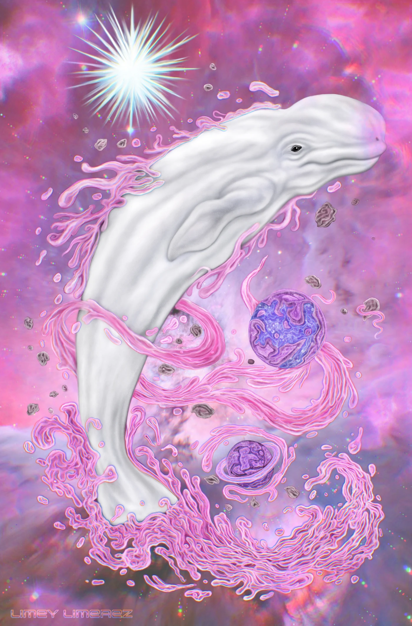 White beluga whale swimming through a pink cosmic sky with small planets
