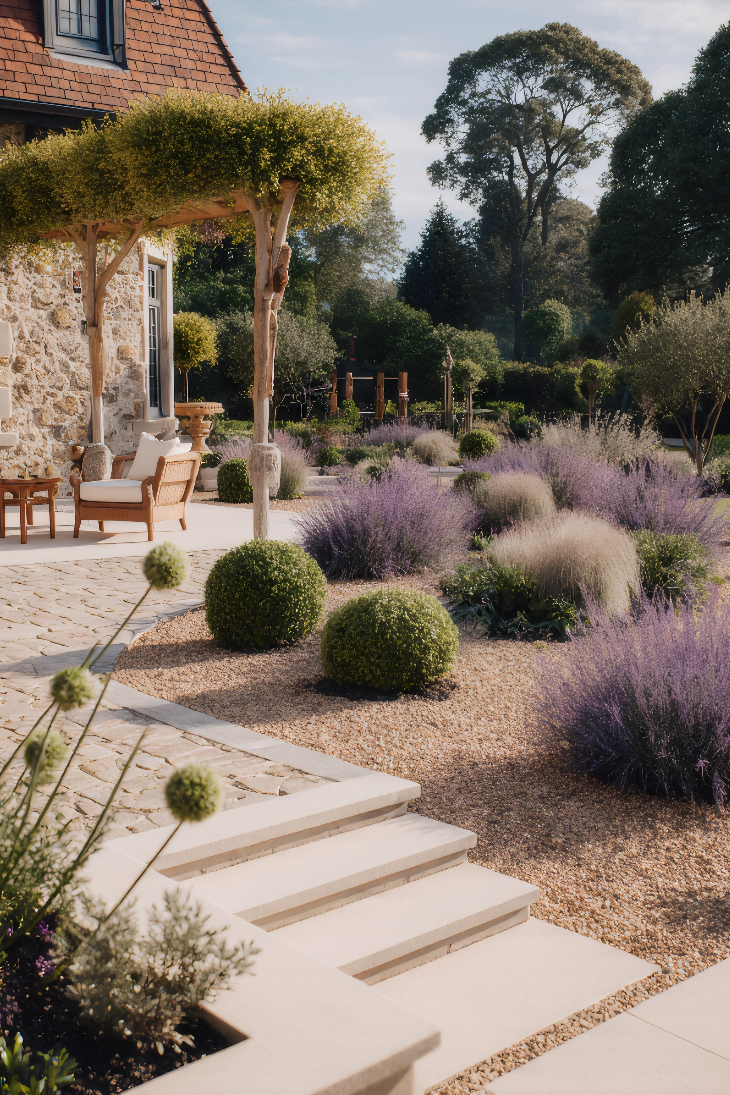 Completed garden terrace featuring stone steps, structured plantings, lavender beds, and a sunlit residential landscape.