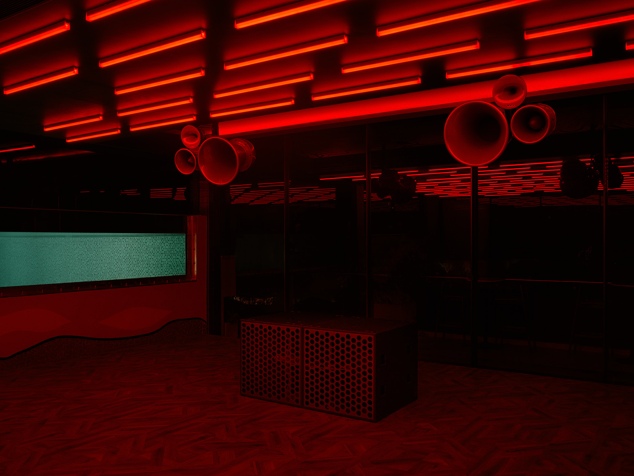 Creatures dance floor with red Void speakers