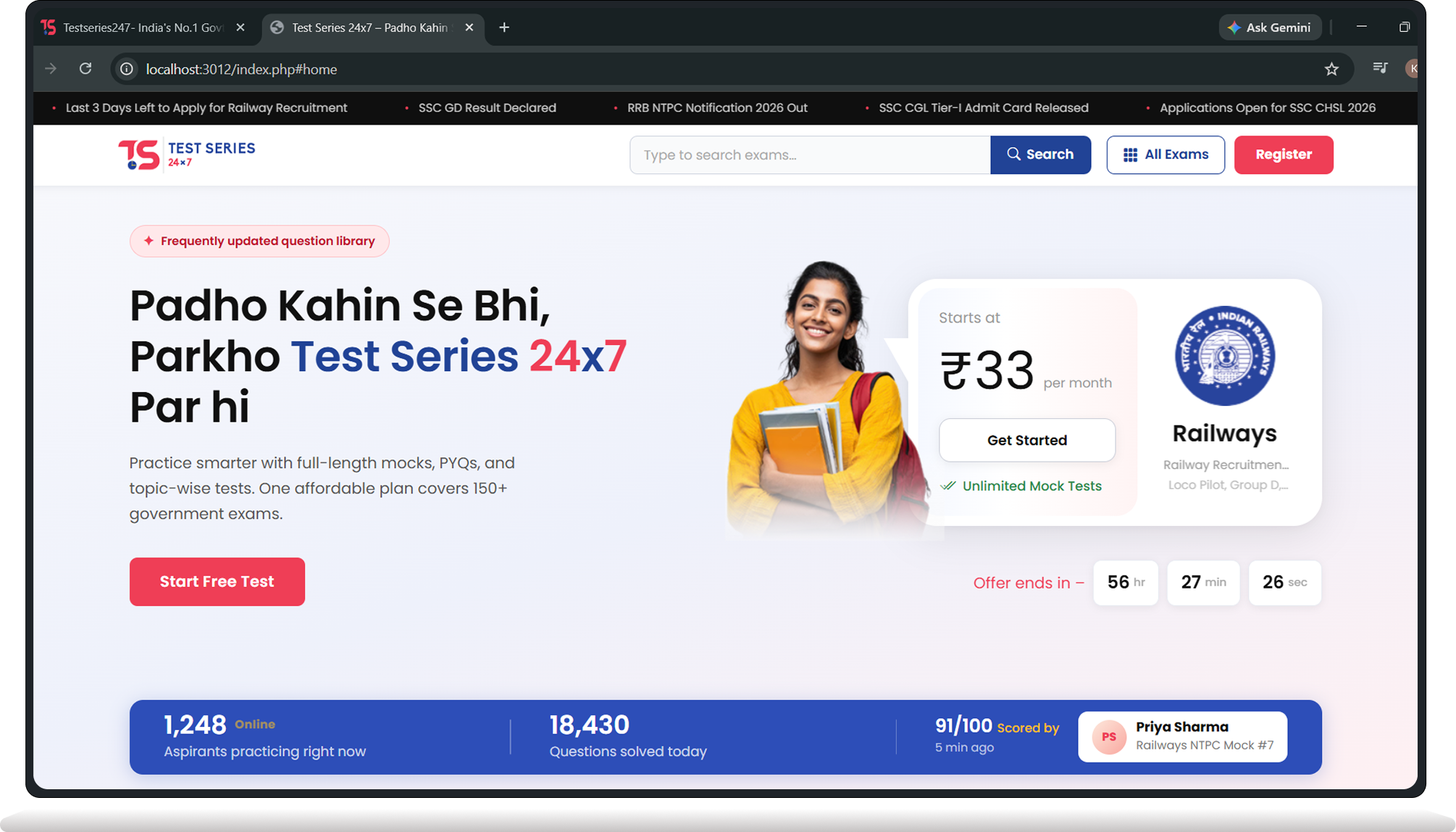 Test Series 24x7 experience shown in the supplied laptop mockup