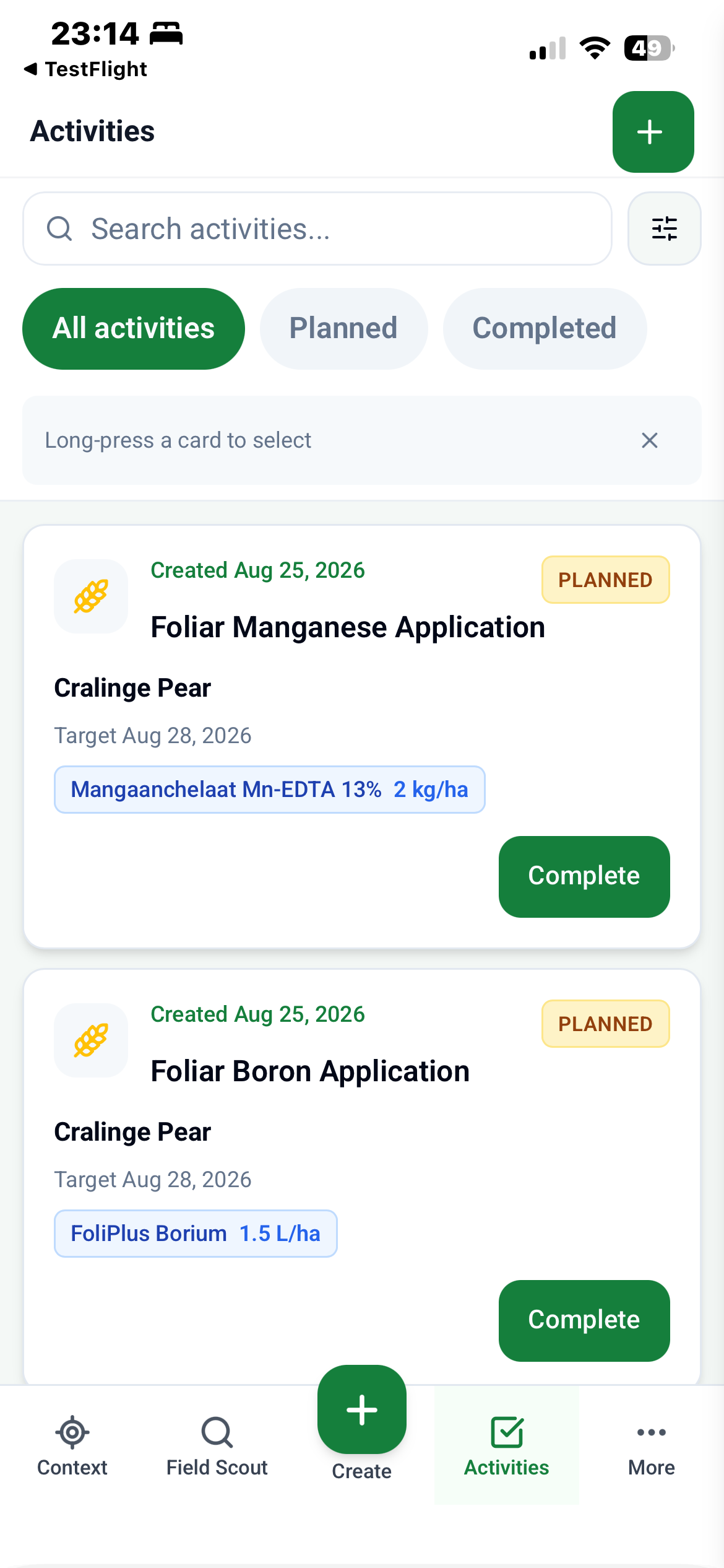 SoilBeat mobile interface for creating and updating field activities