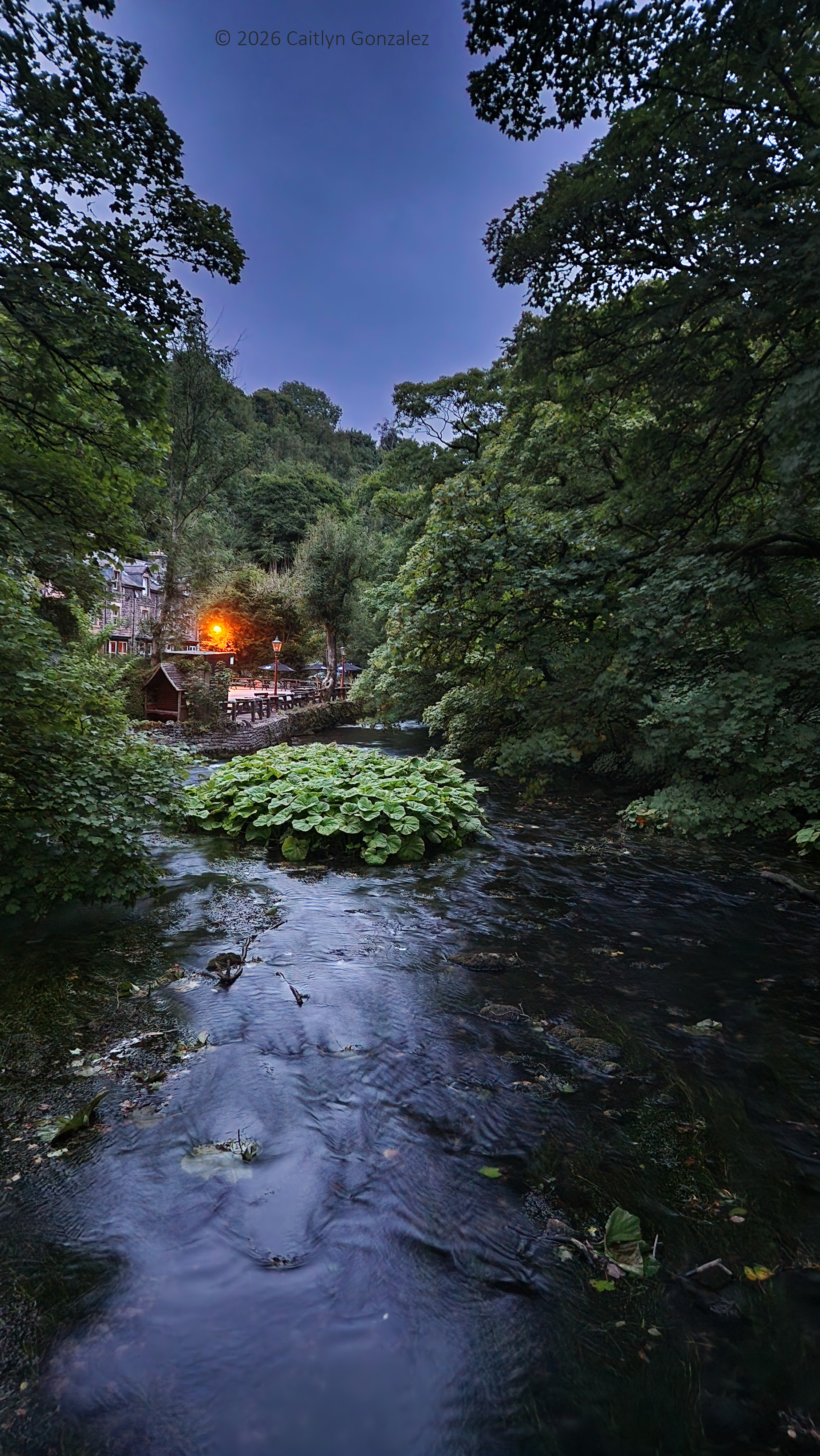 A pub from a bridge overlooking the water at dusk