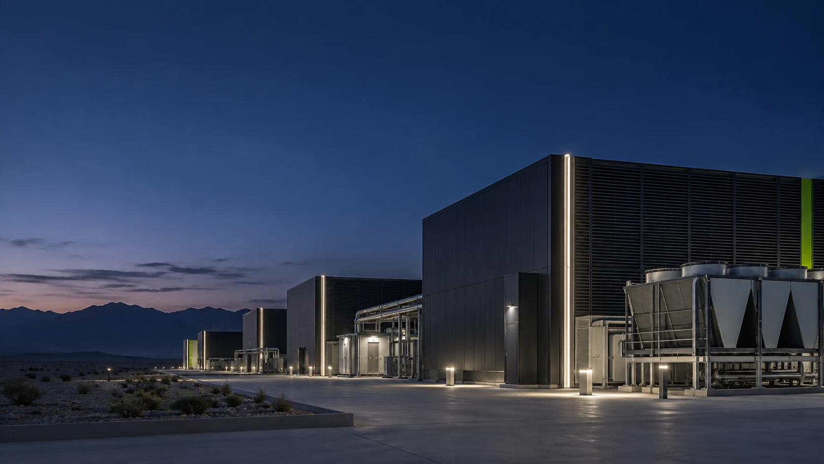 Architectural visualisation of a contemporary data centre in an arid landscape