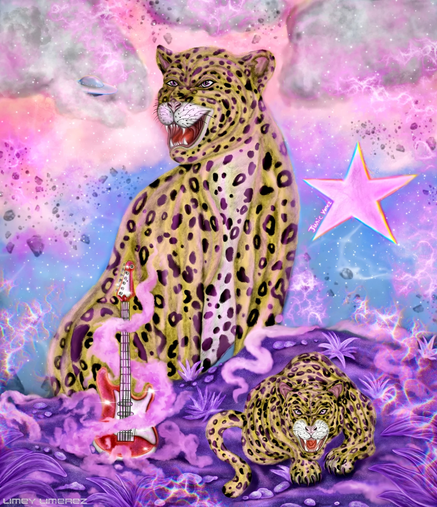 Painting of two spotted cosmic jaguars beside a red guitar under a pink star