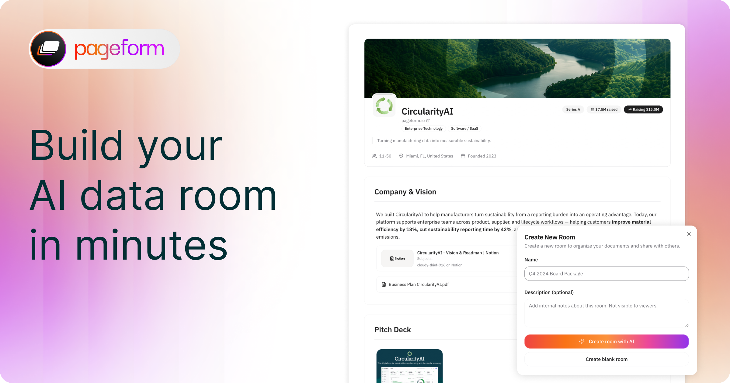 Pageform — A narrative-driven virtual data room with AI generation, page-level analytics, built-in…