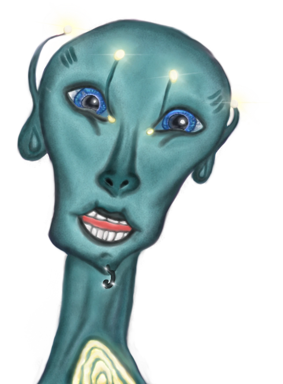 Chris's alien: a teal being with big blue eyes, a toothy grin and four glowing antenna bulbs