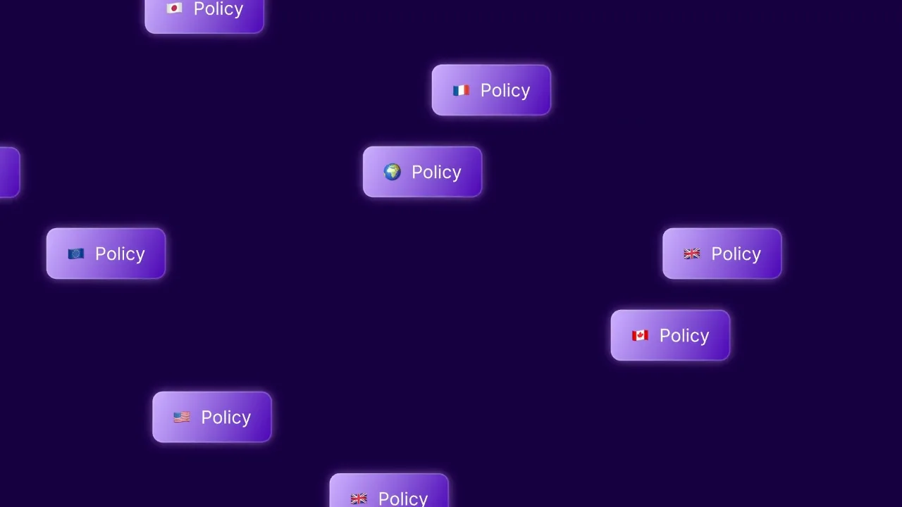 Frame from the Maiven launch video with policy chips scattered on violet