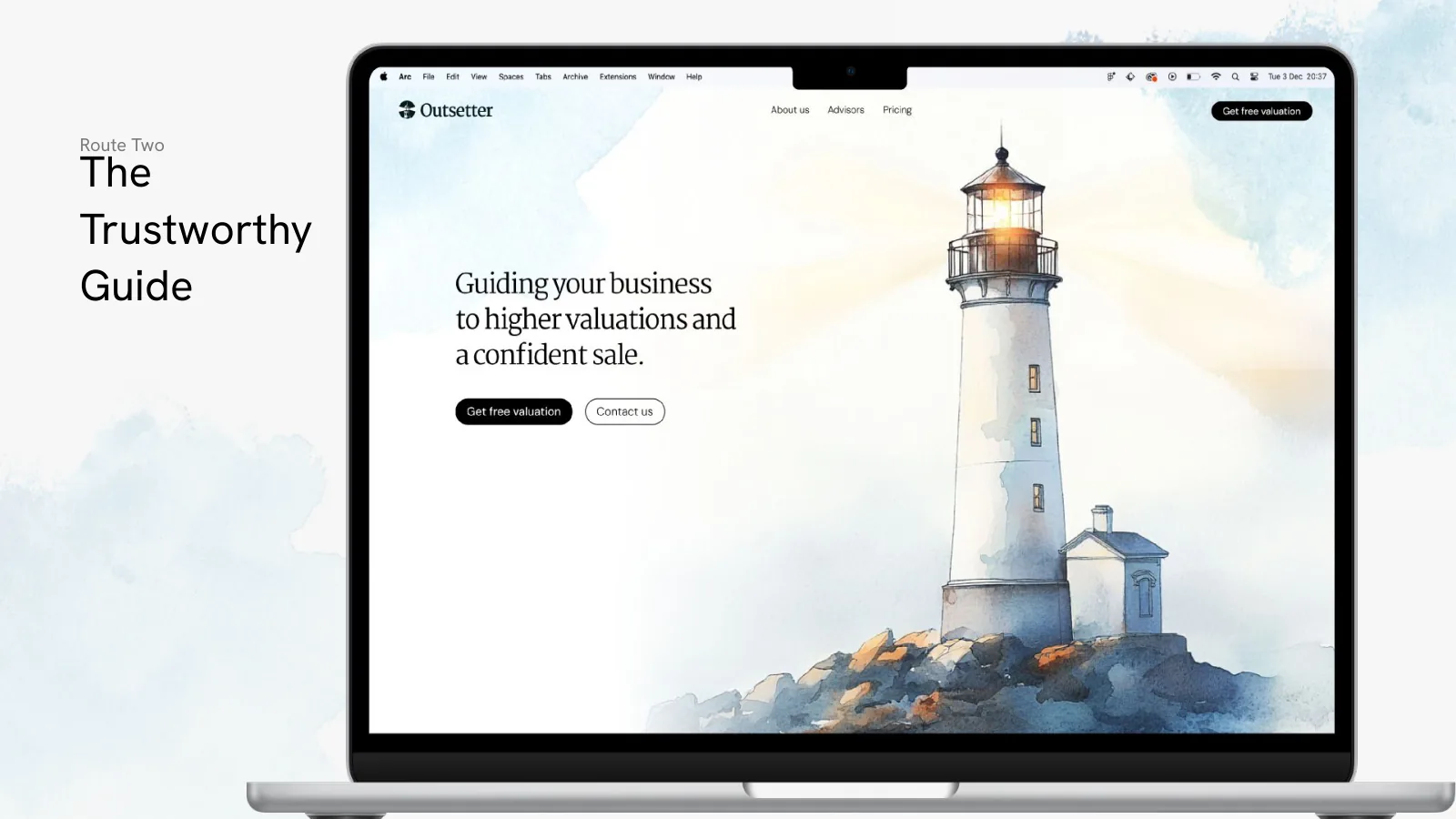 Route two, The Trustworthy Guide: a watercolour lighthouse homepage on a laptop