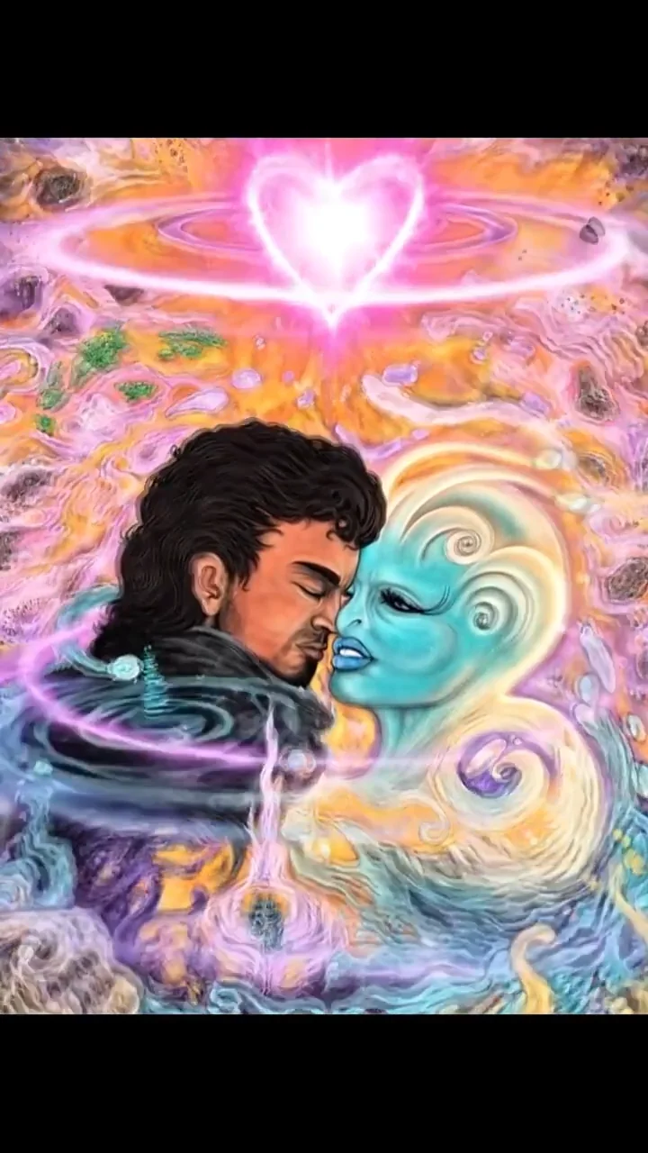 Animation of a man and a turquoise cosmic being kissing beneath a glowing heart
