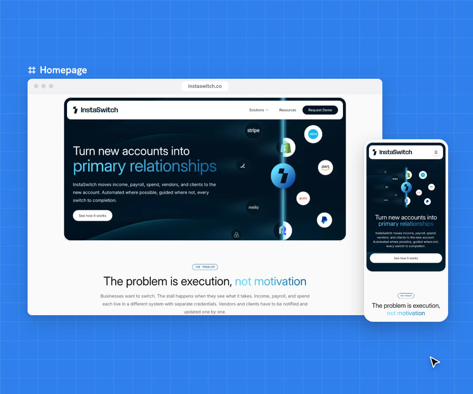 The InstaSwitch website, scrolled from the hero to how the switch happens, then the mobile site
