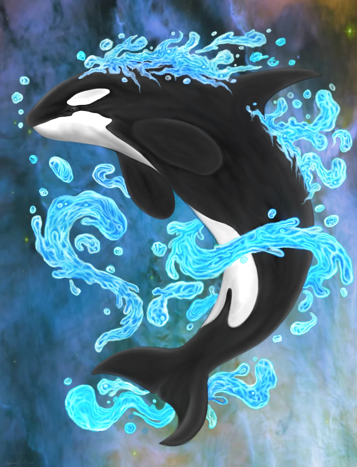 Painting of an orca leaping through glowing blue water in a nebula