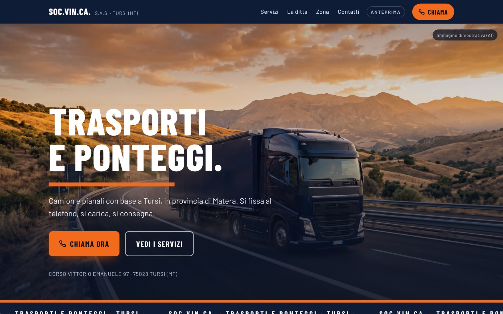 Demo SOC.VIN.CA: camion su strada di montagna, titolo Trasporti e ponteggi