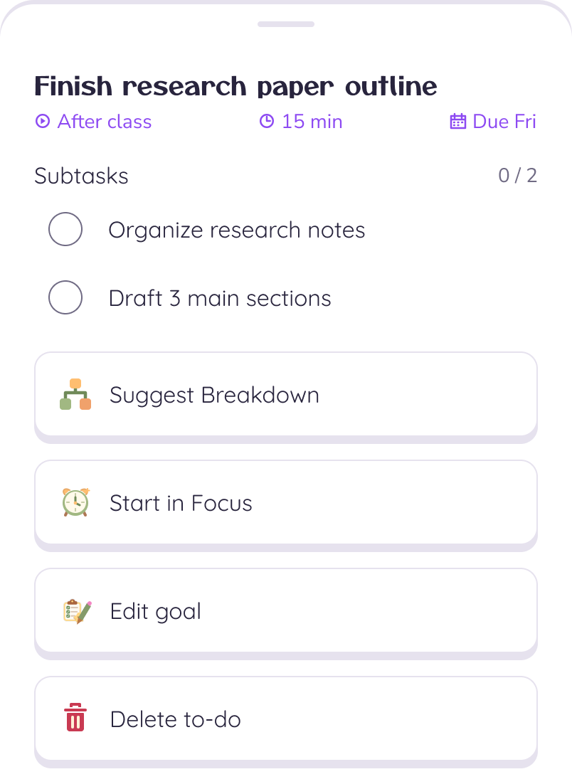 Enlarged original subtasks and Suggest Breakdown / Start in Focus actions