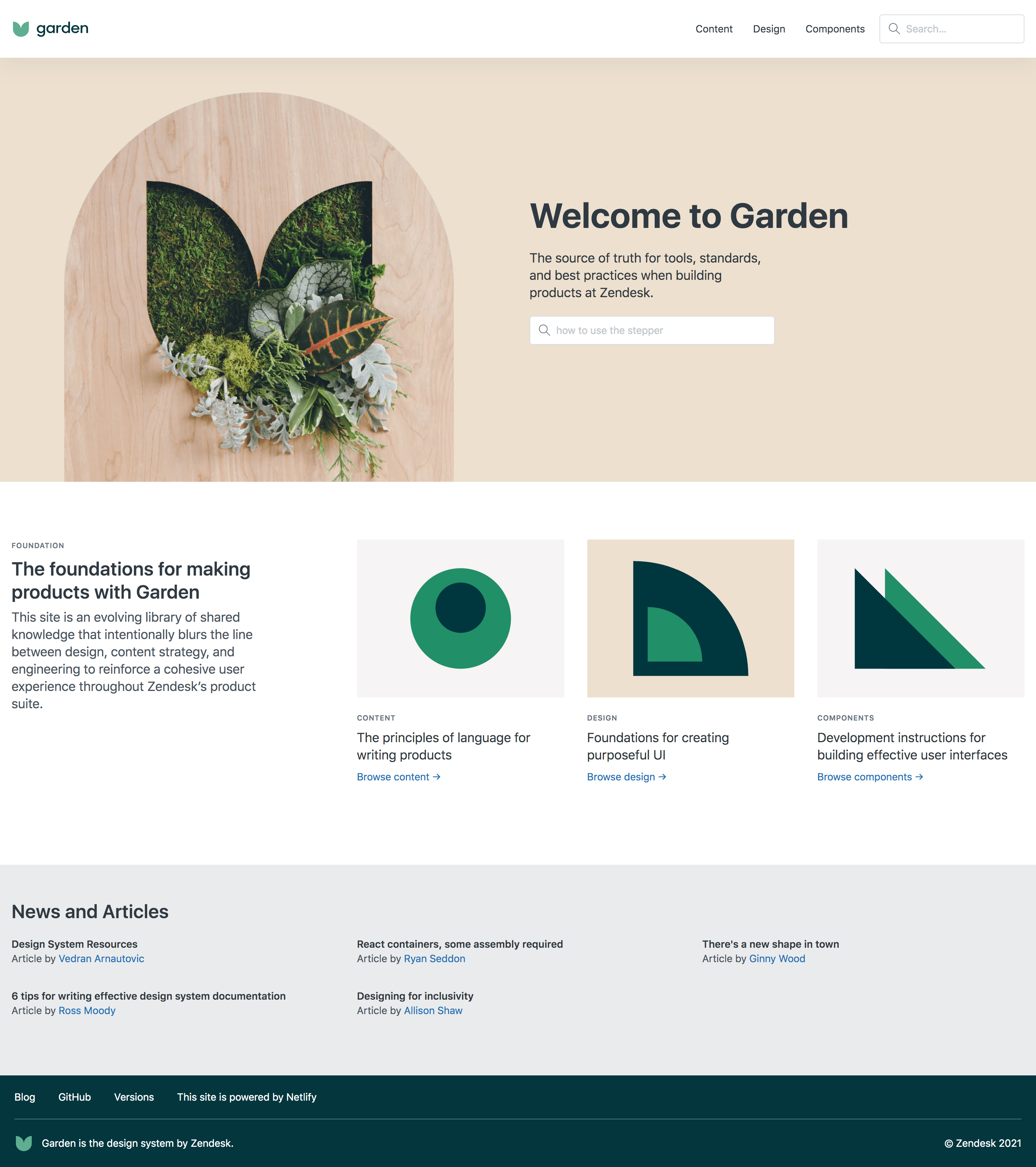 Original Garden website with plant hero and Content, Design and Components foundations