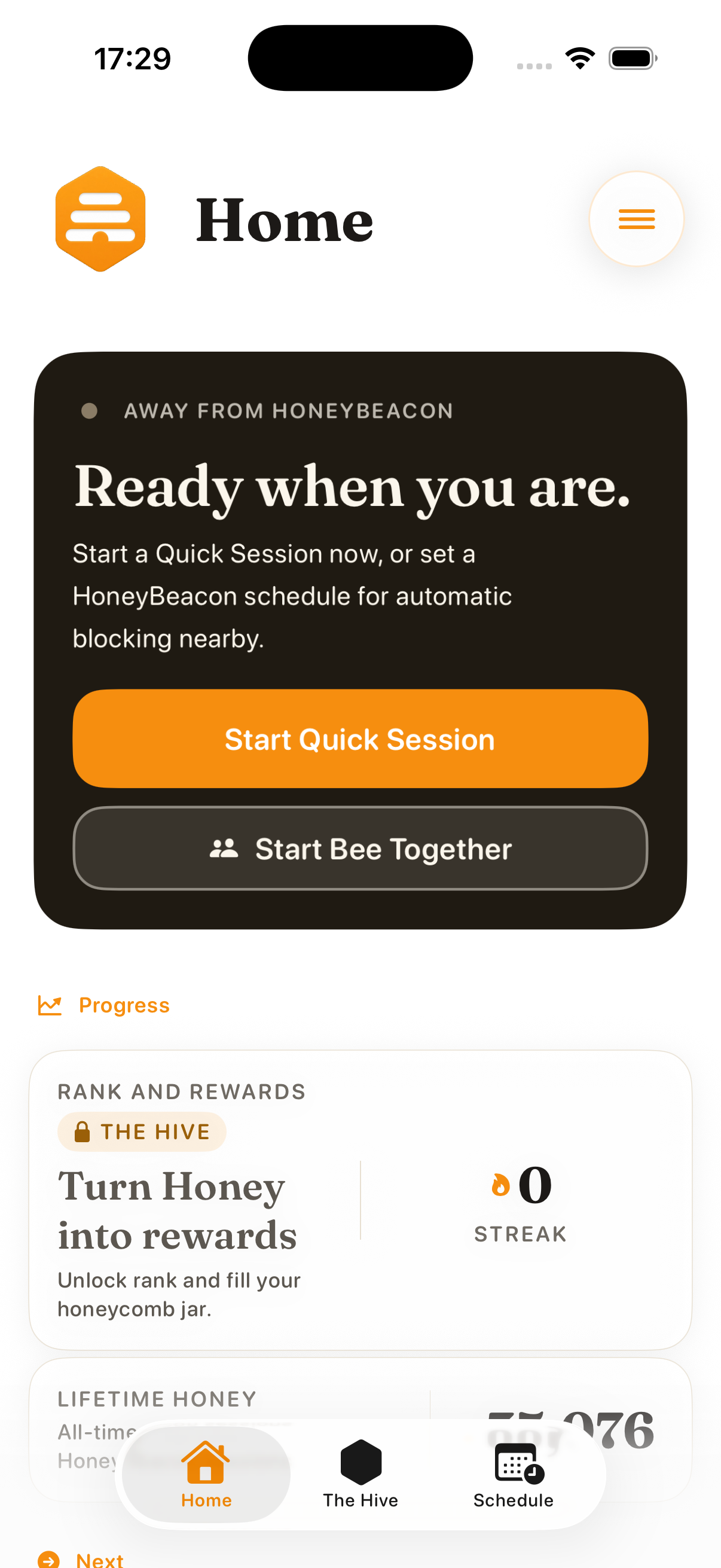 Actual HoneyBeacon Home screen in a black iPhone frame