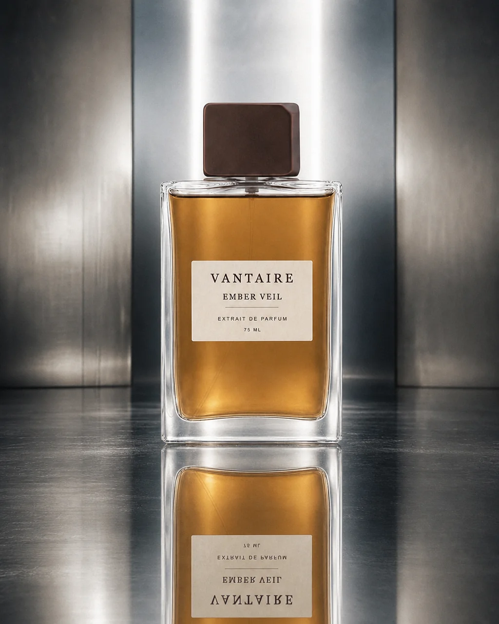 EMBER VEIL mirrored fragrance bottle against a brushed steel surface.