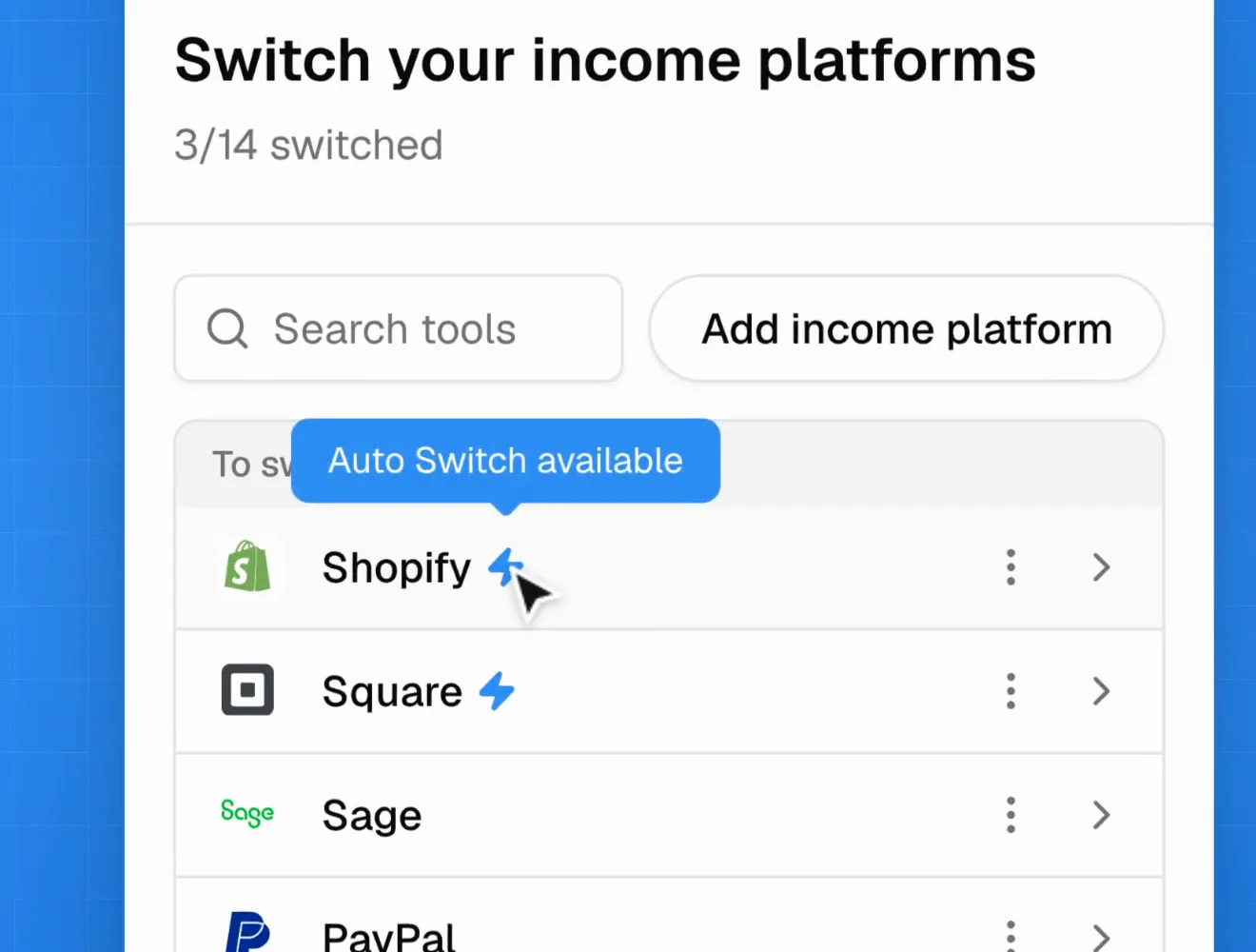 InstaSwitch platform list with a tooltip saying Auto Switch available