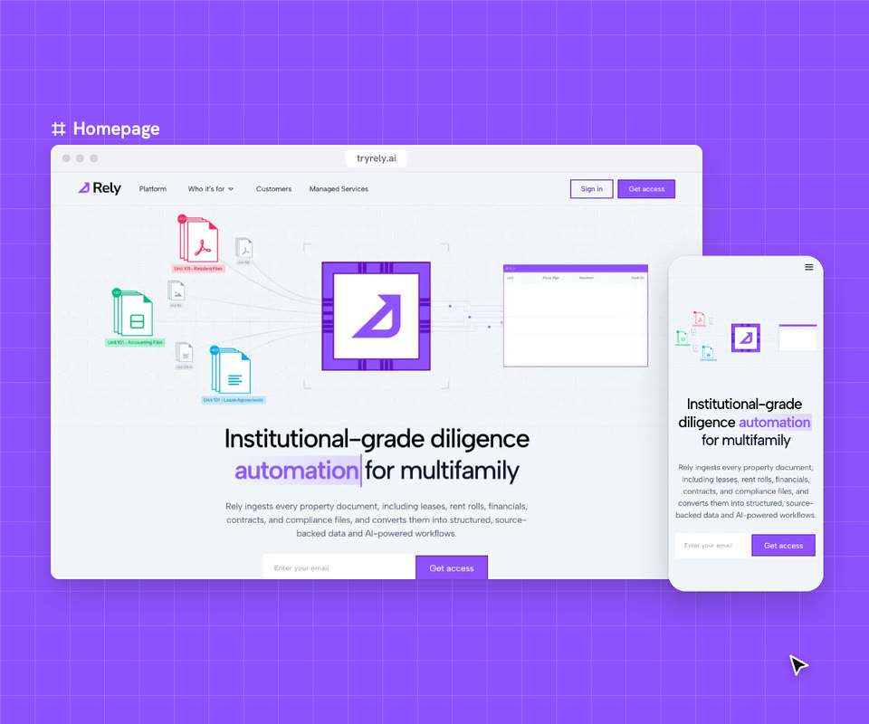 The live Rely website with its hero animation, scrolled, then the mobile site