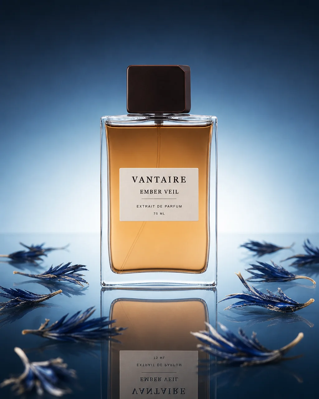 EMBER VEIL symmetrical reflection with cool-toned petals.