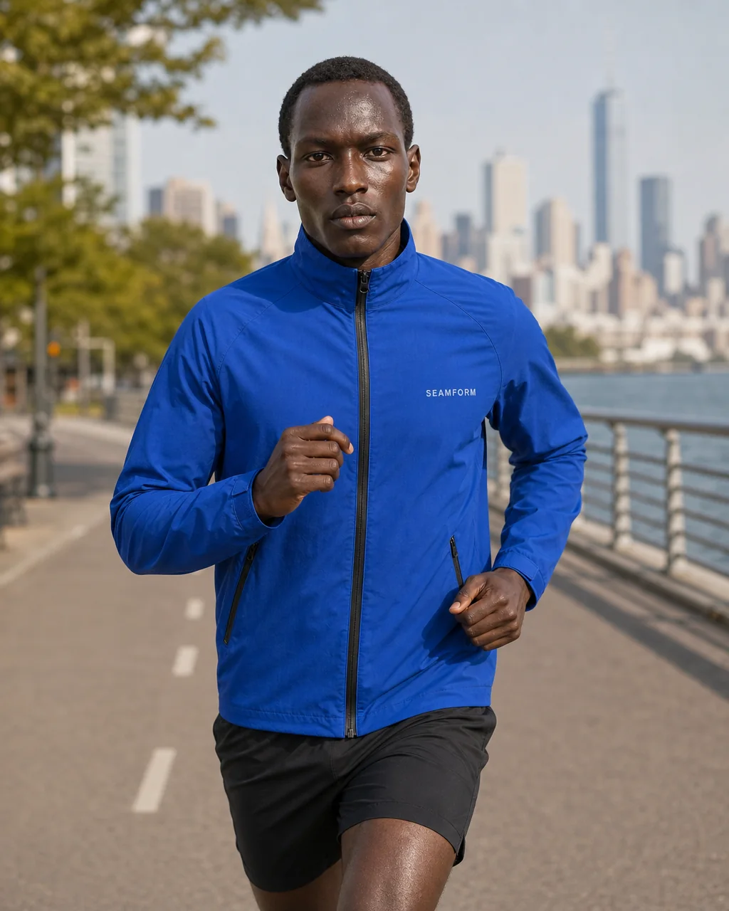 A runner mid-stride on an open road in the SEAMFORM SF-01.