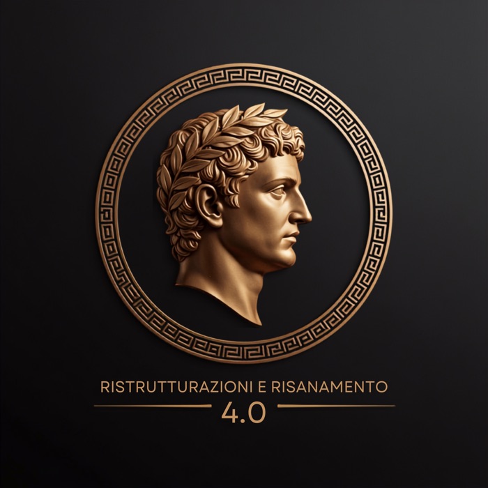 Logo Ristrutturazioni e Risanamento 4.0: profilo romano dorato in cornice a greca