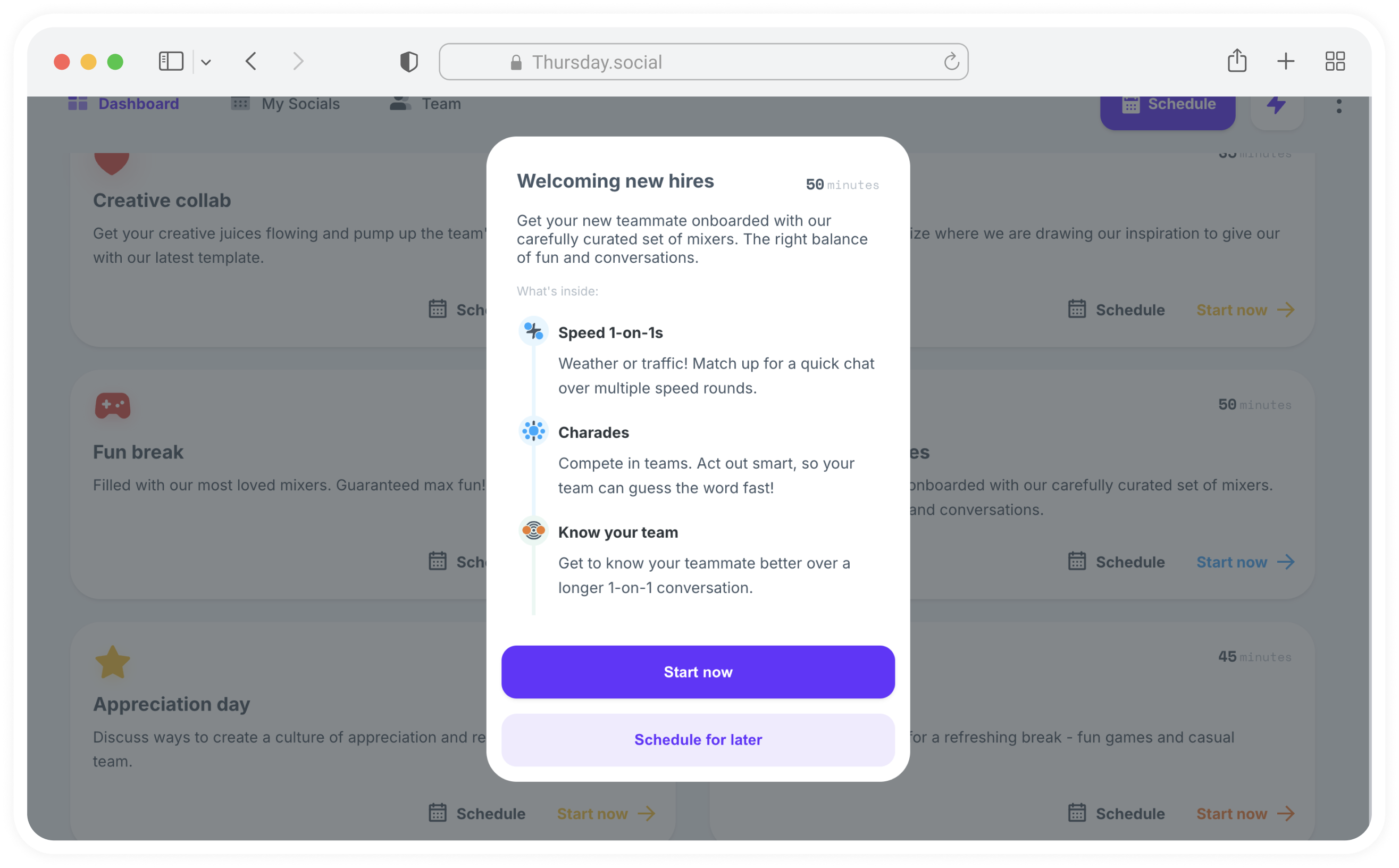 The dashboard with one template open: Welcoming new hires, with the mixers it includes and the buttons Start now and Schedule for later