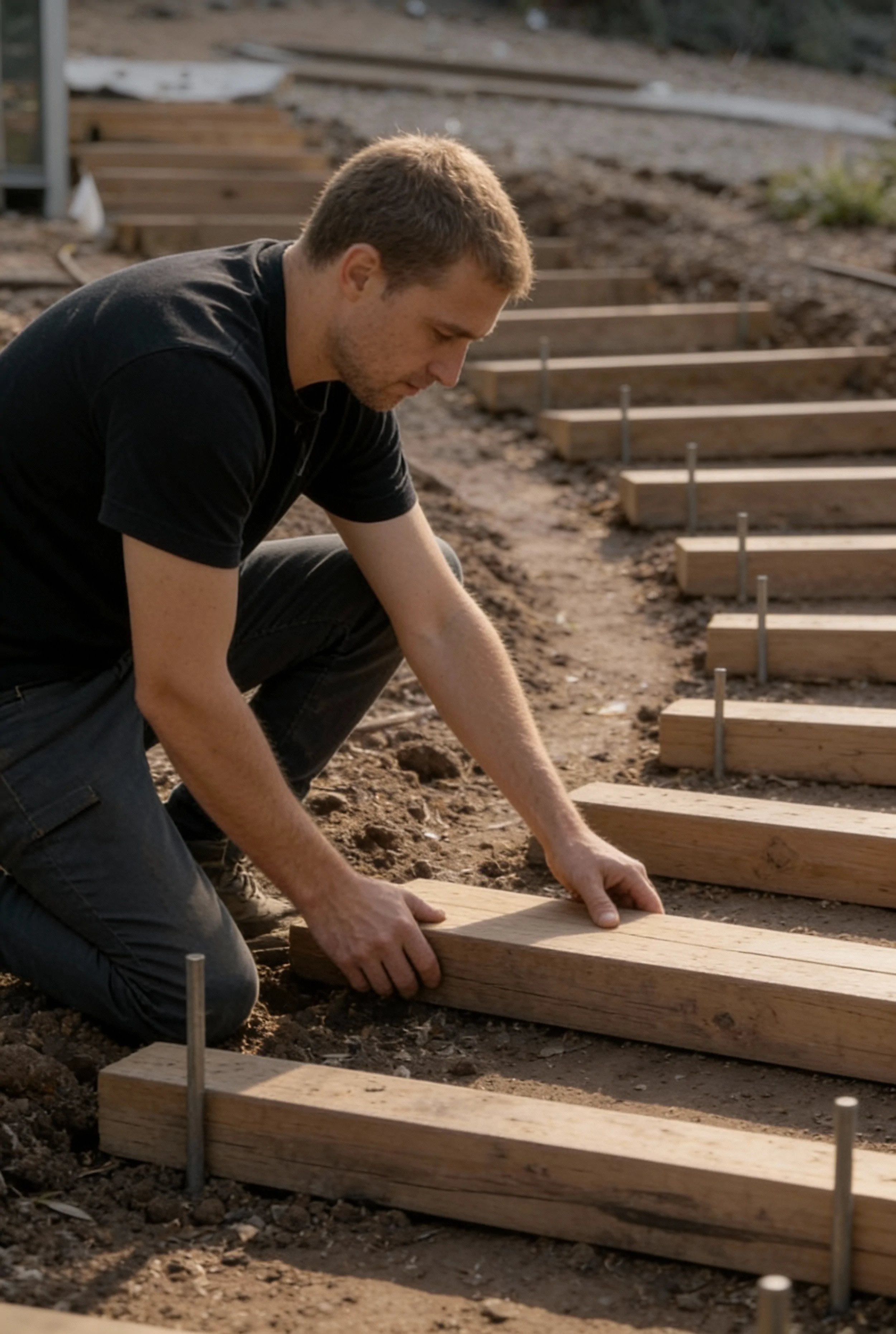 Contractor installing timber landscape steps during early site construction.