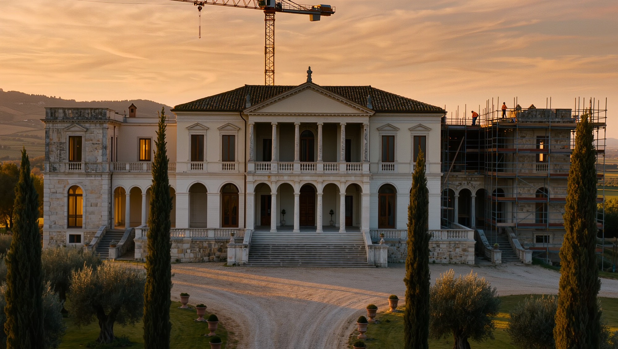 Grande villa neoclassica in costruzione al tramonto: ala destra sui ponteggi, gru sullo sfondo, cipressi lungo il viale